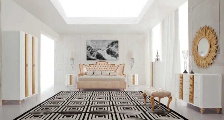 barok-møbler-soveværelse-moderne-hvidt-guld-tæppe-mønster-sort