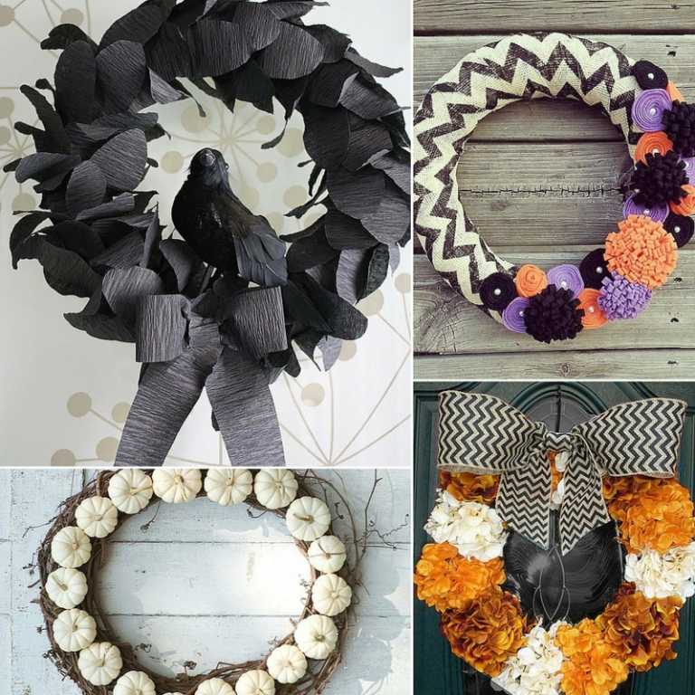håndværk ideer til halloween dørkrans sort græskar idé blomster zigzag