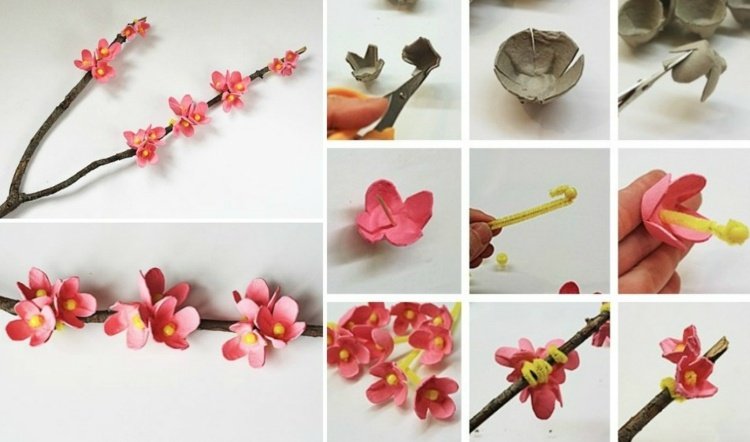 tinker-æggekarton-forår-træ-blomst-kirsebær-simple-kviste-plys tråd