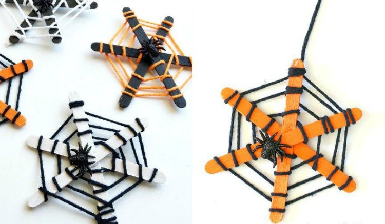 kunsthåndværk-børnehavebørn-efterår-instruktioner-halloween-dekoration-edderkoppespind-ispinde