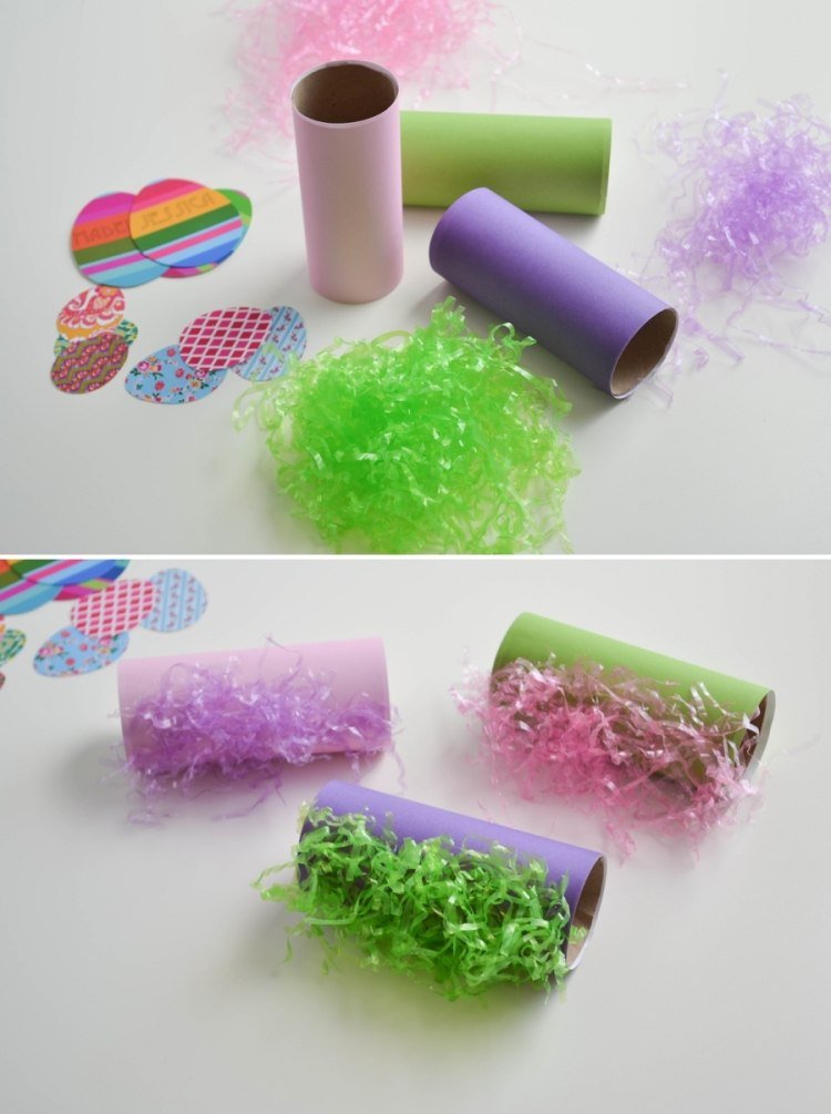 Håndværk med børn påske-toiletpapir ruller-forår-farver-påske græs