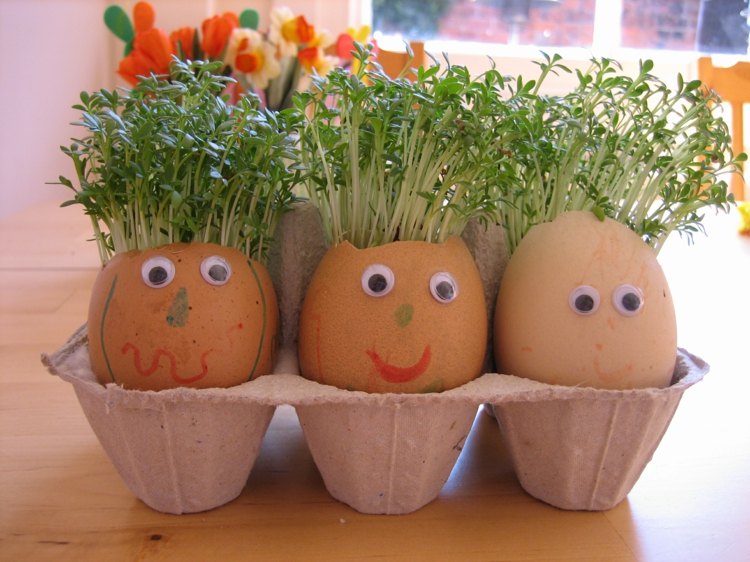 kunsthåndværk med små børn æggeskal-ansigter-vrikke-øjne-karse-planter-påske