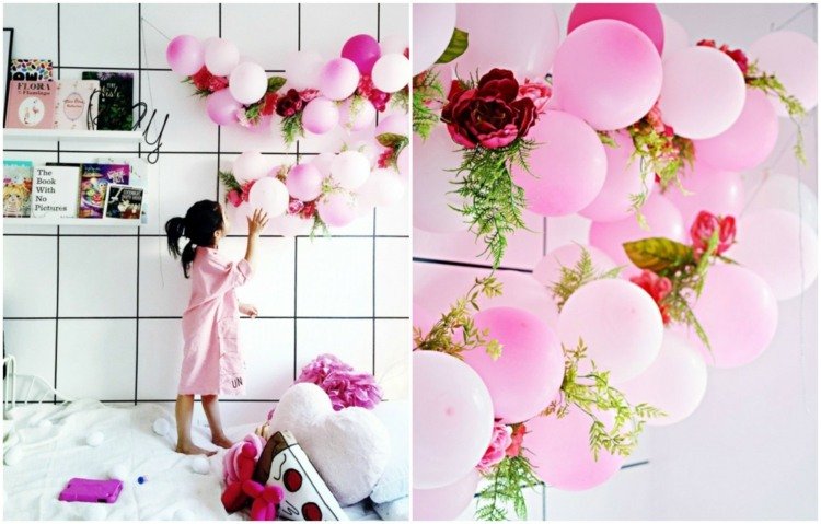 tinker-balloner-guirlande-dekoration-tinker-med-børn-pink-blomster-grøn-gren