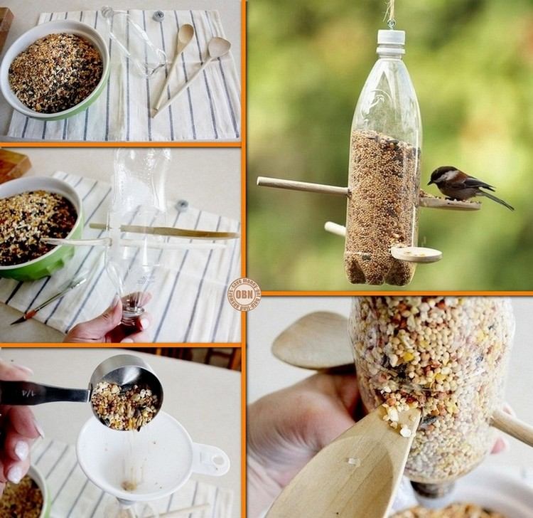 Tinker med PET-flasker fuglefoderstation-have-træ-ske