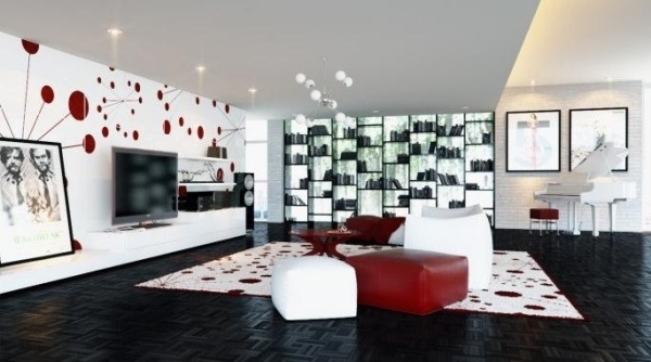 Moderne stue-røde accenter-hvid-sort