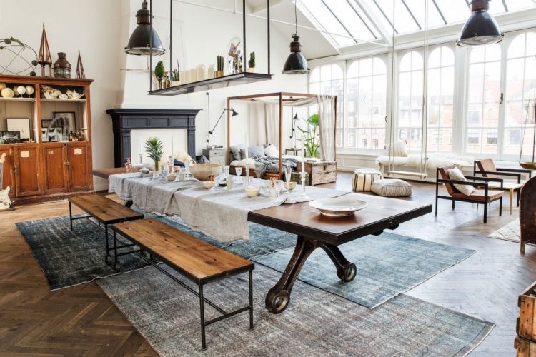 loft-møblering-stil-eksempel-lang-rektangulær-spisebord-bænk