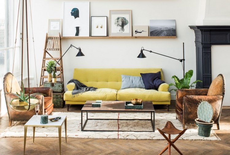 Loft møblering stil-eksempelvis siddeområde betrukket sofa-læder lænestol