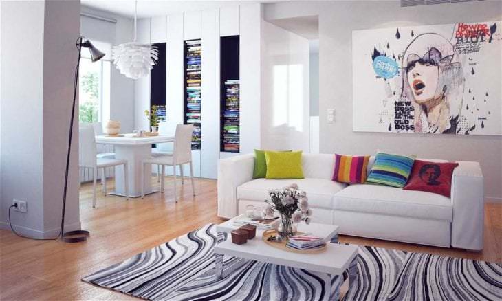 valkoiset seinät olohuoneen suunnittelussa minimalismin tyyliin