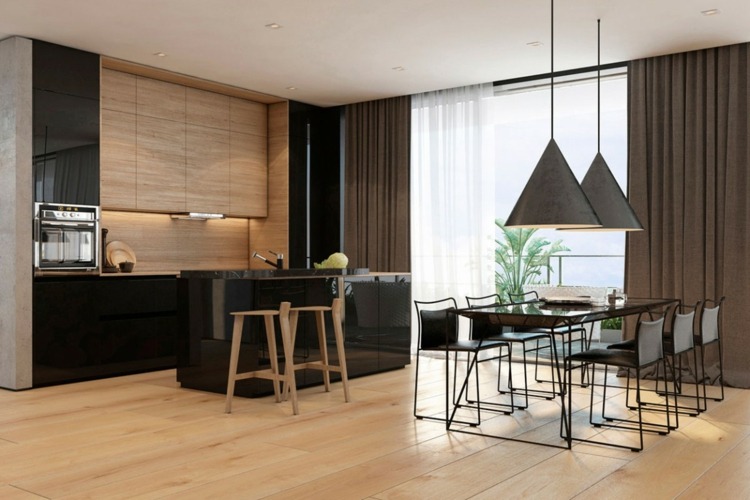 vægpaneler-beton-køkken-design-træ-sort-vedhæng lamper-sort-moderne-spiseplads
