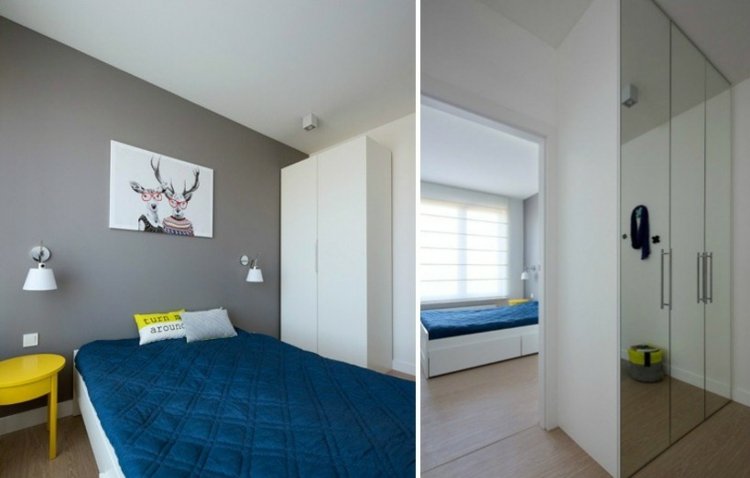 seng-sengegavl-farve accenter-blå-gul-natbord-grå-væg-farve-hvid-møbler-moderne