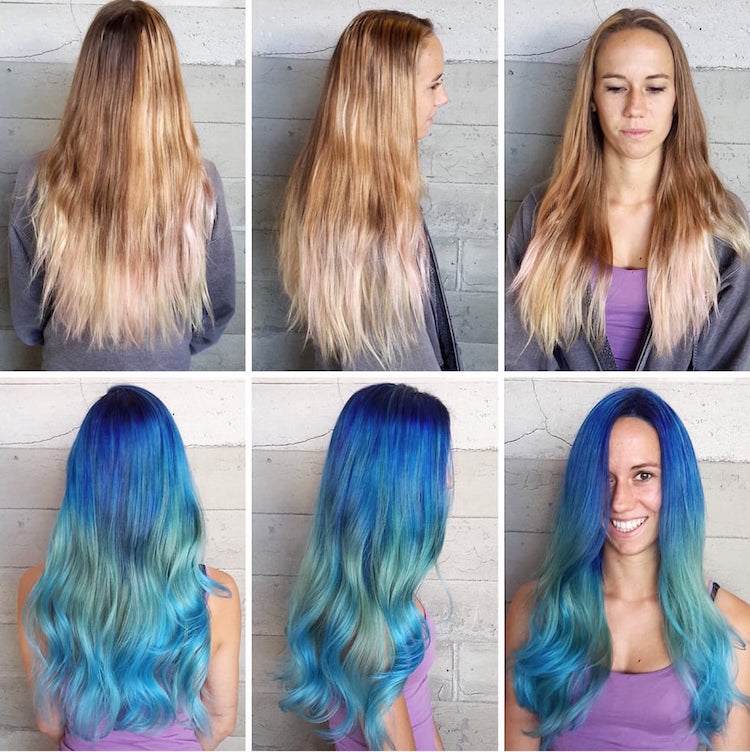 blåt hår ocean hårfarver trend før efter blondine