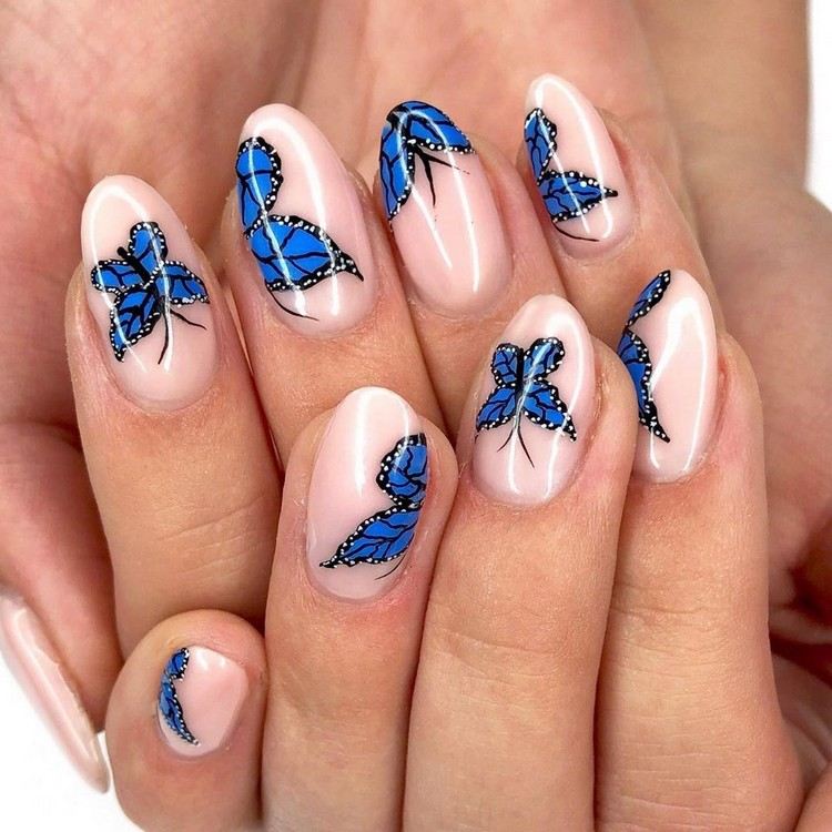 Butterfly søm designer blå negle ideer til korte negle
