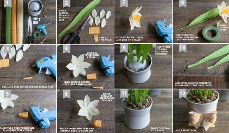 At lave blomster af crepe papir - instruktioner til kunsthåndværk til påskeliljer