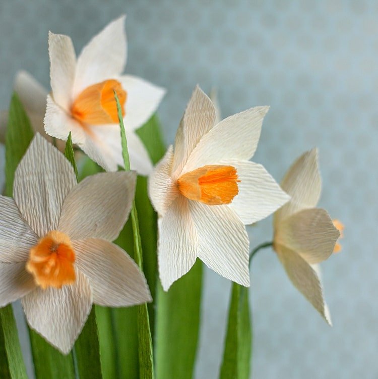 Lav forårsblomster af crepe -papir - påskeliljer i hvide eller gule påskeliljer