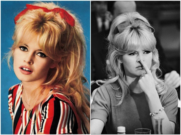 Brigitte Bardot frisure halvåben pony fløjlbånd