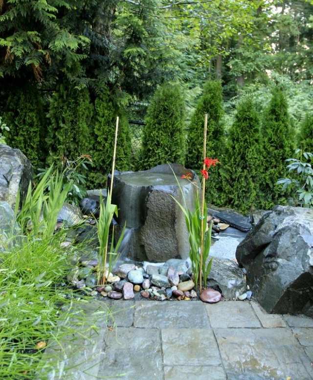 springvand vand funktioner i haven design sten grus planter thuja