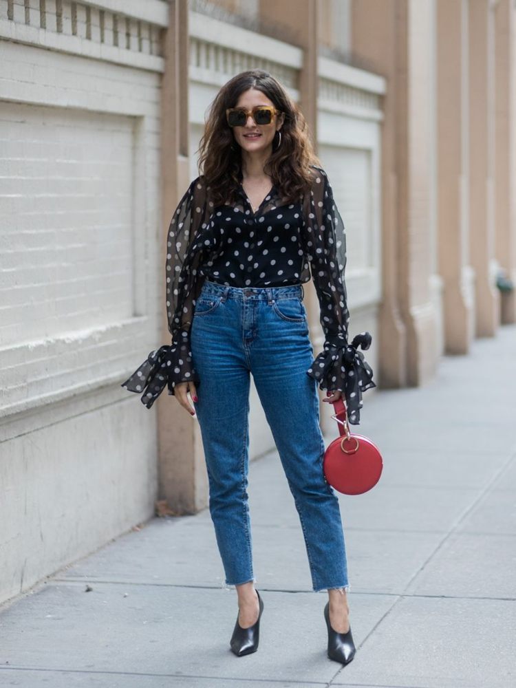 Polka dots trend skjortebluse med puffærmer forretningstøj sommer