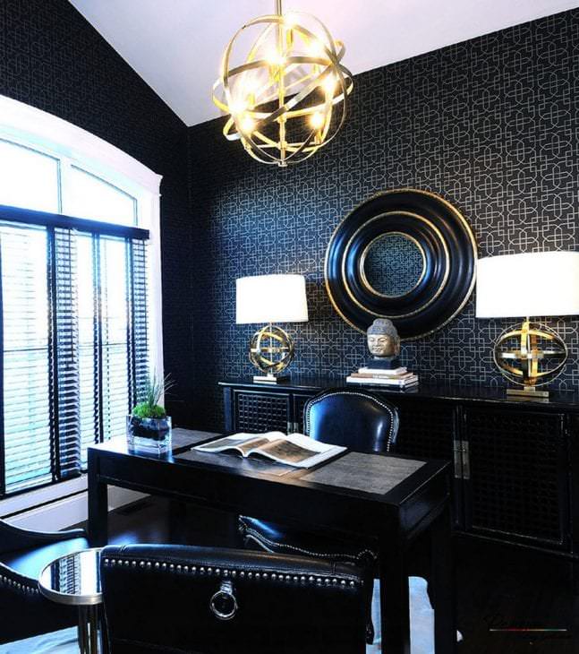 schwarze Tapete im glamourösen Schlafzimmerdesign