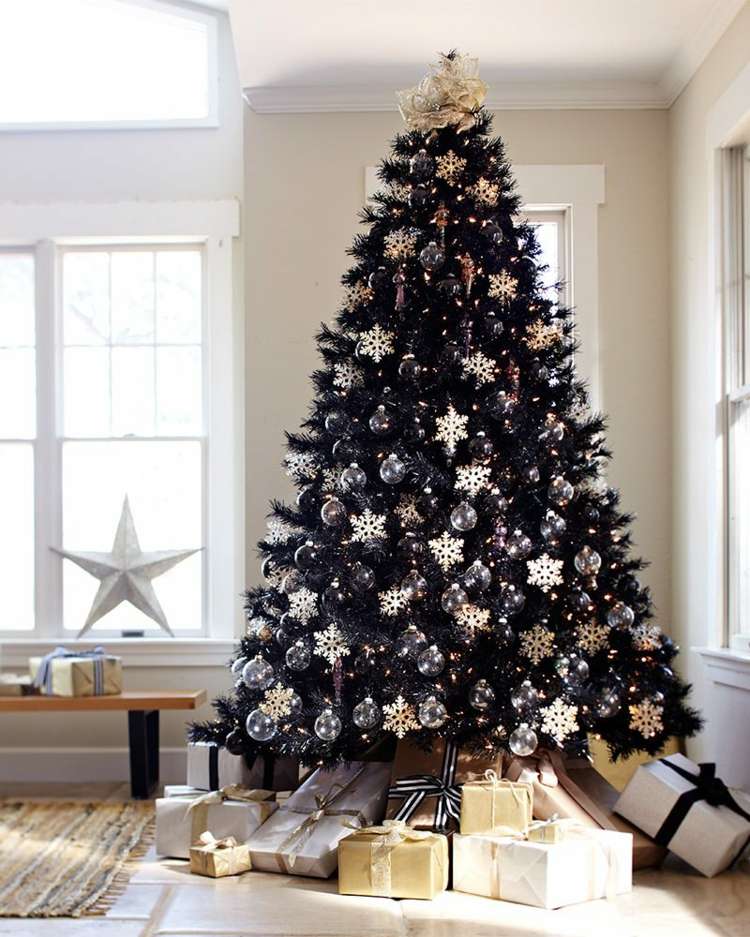 juletræssmykker elegant sort sølv snefnug deco stue