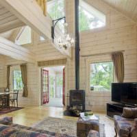 Design av ett rymligt vardagsrum i ett hus av trä