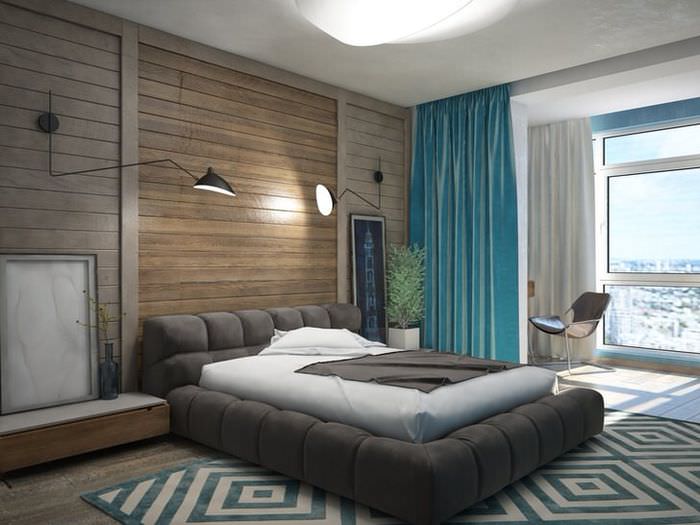 Интериор на спалня с имитация на дървени стени