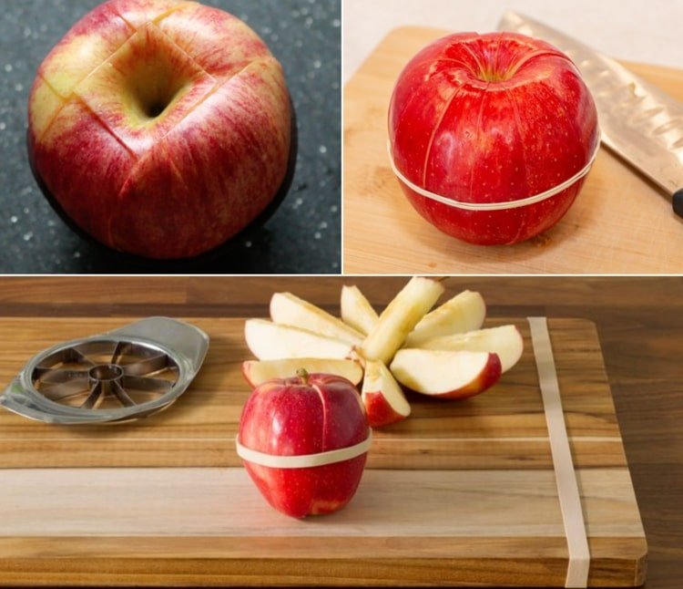 Sæt det skivede æble sammen igen og bind det med elastik