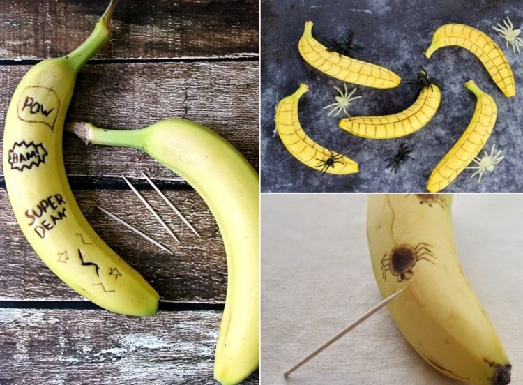 Ideer til skolemorgenmad til bananer - Tegn på skrællen med en tandstikker