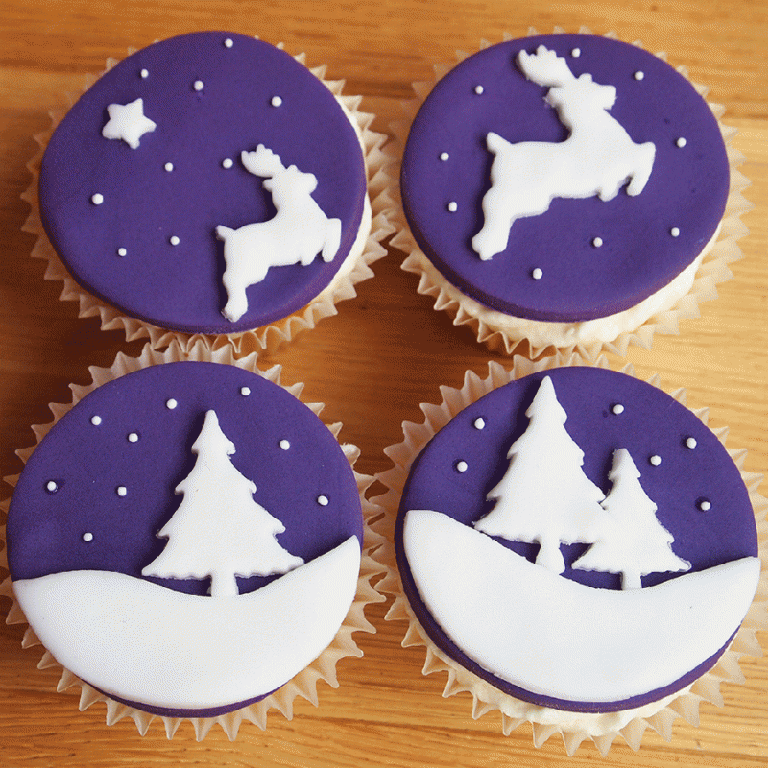 cupcakes til juleideer-lilla-fondant-hvide-figurer
