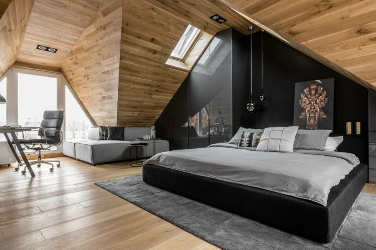 Sæt skrå lofter soveplads-seng-sort-møbler