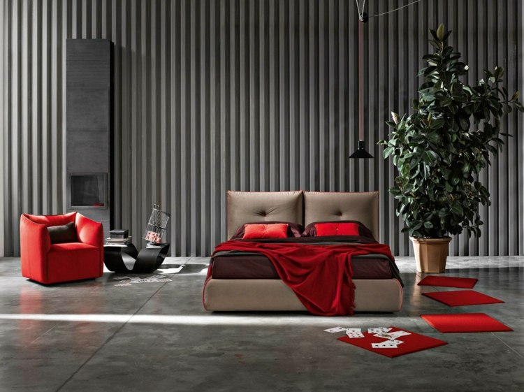 seng-soveværelse-java-rød-grå-farver-idé-tekstil-design-lænestol-moderne