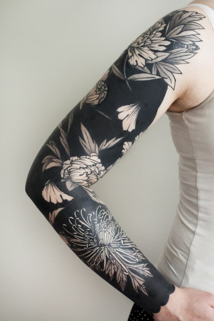 blackwork-tatovering-ærme-arm-mænd-blomster-eksotisk