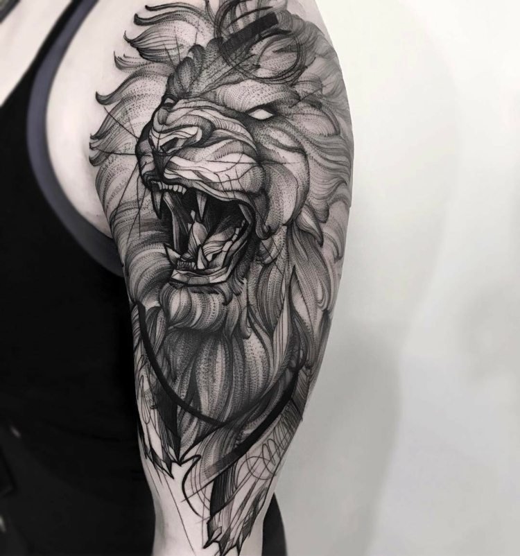 Løve tatovering lavet af dotwork med 3D effekt