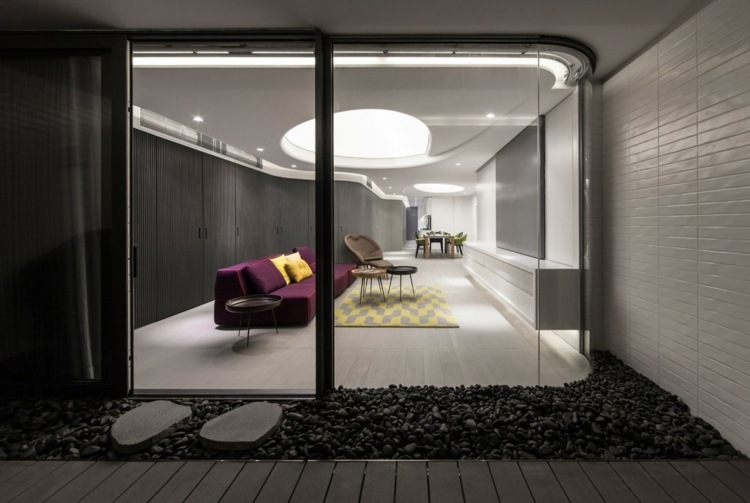 loft design belysning stue tæppe grå gule terrasse småsten