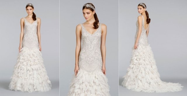 lazaro 2014 brudekjole art deco -design v hals lang top fjer nederdel