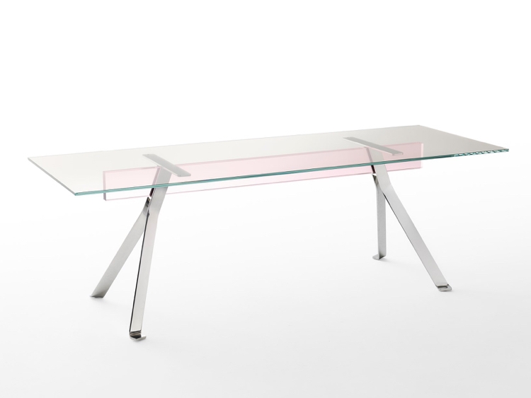 Designer glasbord smal lang gennemsigtig bordplade metal tværben ben pink farve accent