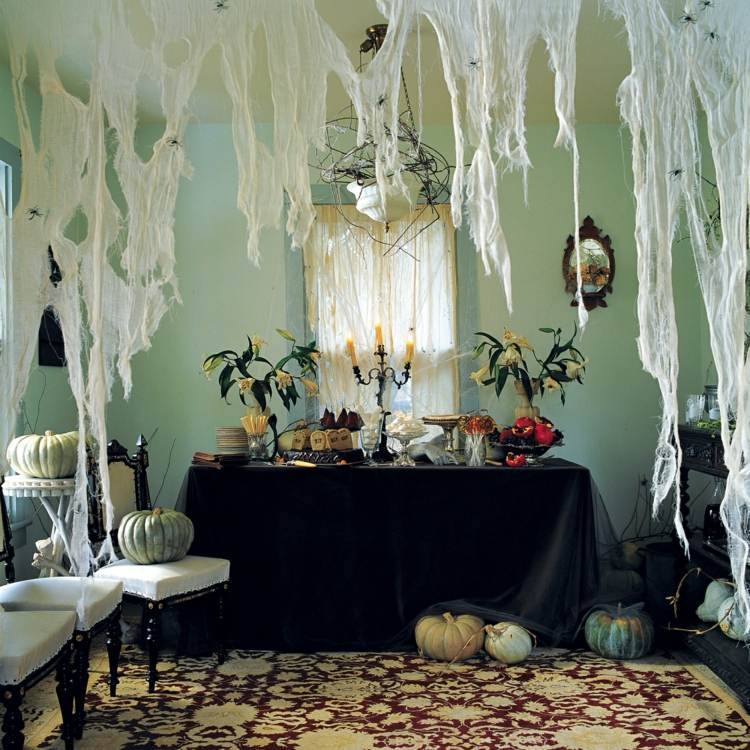 uhyggelig halloween dekorationer edderkoppespind dessert bordtæppe græskar hvid