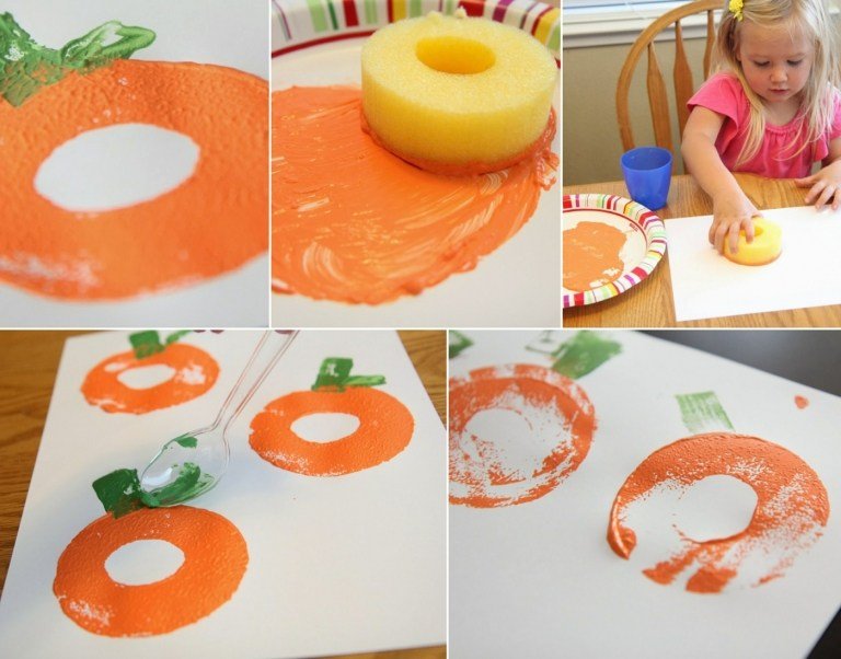 Billeder som kunsthåndværk Efterår børnehave - print græskar med poolnudler