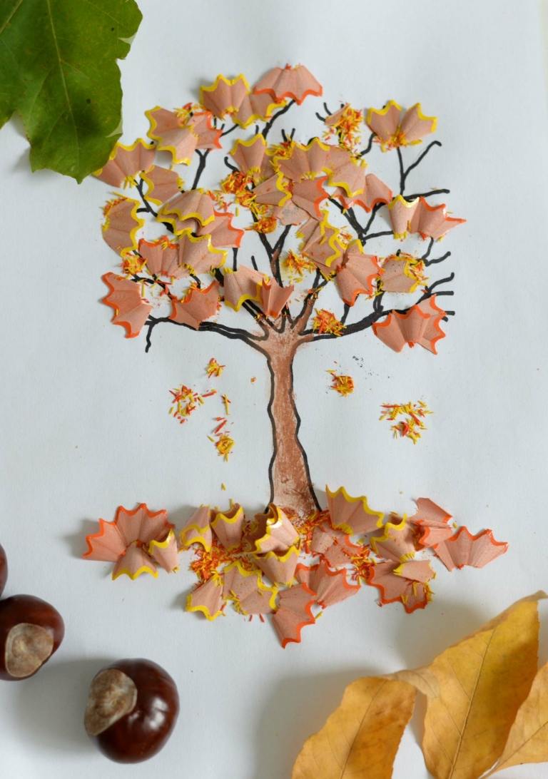 Håndværksideer efterårets børnehave med spidse spild af farveblyanter - design efterårstræet