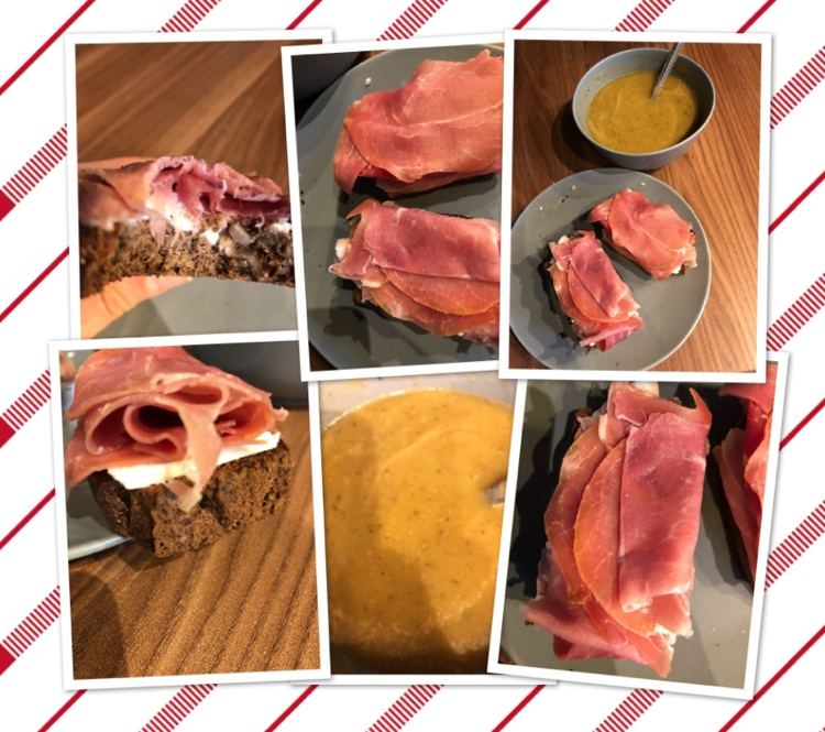 Keto frokost valnødde mel brød, prosciutto og grøntsagssuppe