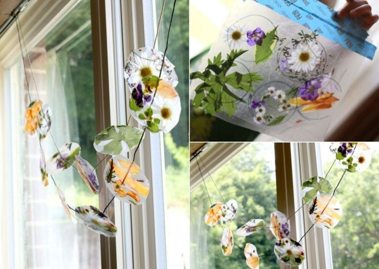 Sommerlig vinduesdekoration med naturmaterialer - blade og blomster i selvklæbende folie