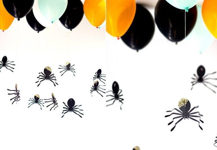 Halloween baggrund med papir edderkopper og balloner med helium