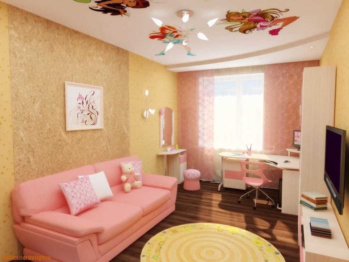myšlienka nádherného štýlu detskej izby pre dievča s rozlohou 12 m²