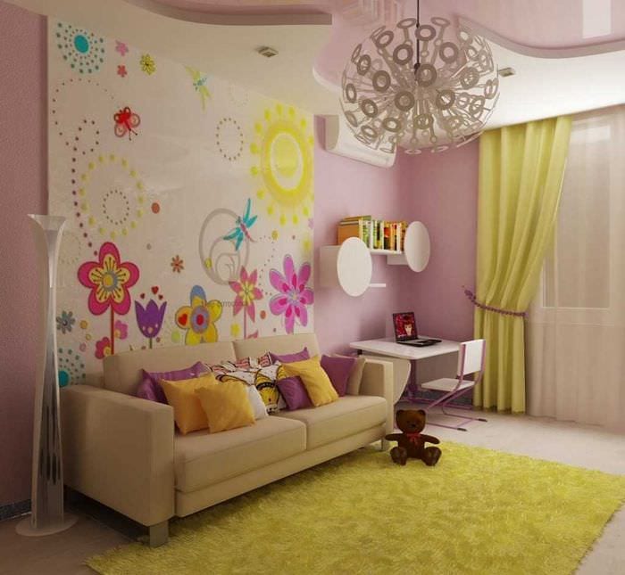 خيار التصميم الداخلي المشرق لغرفة الأطفال لفتاة مساحتها 12 مترًا مربعًا.