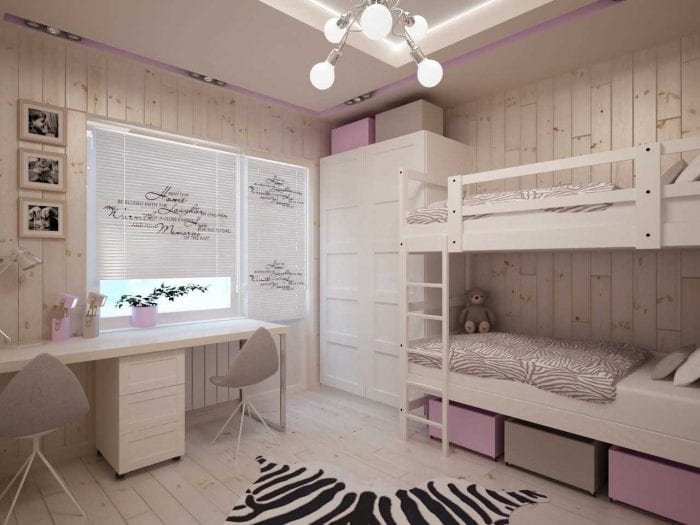 הרעיון של עיצוב בהיר לחדר ילדים לשתי בנות