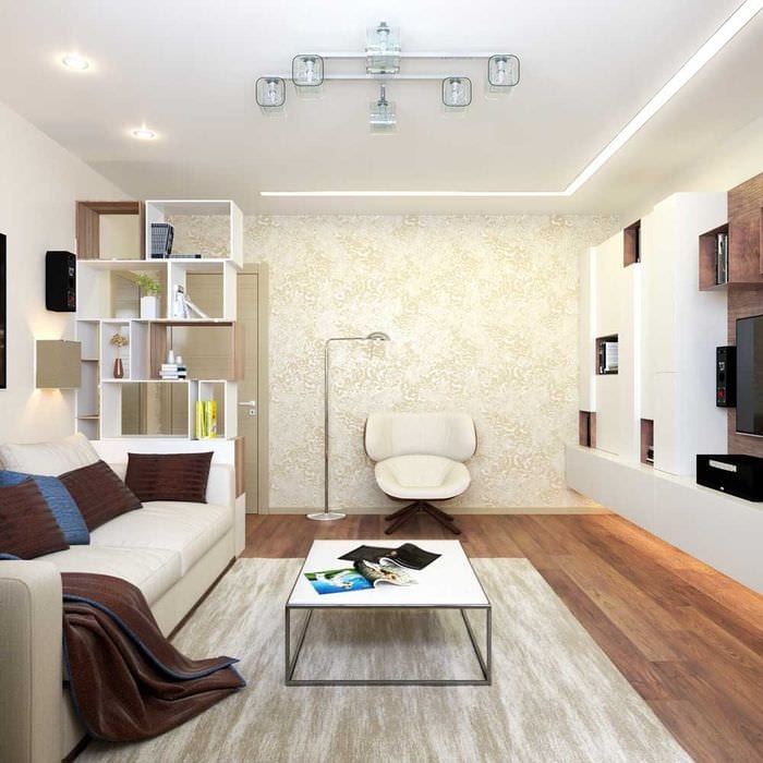 varianta světelného designu obývacího pokoje 16 m2.