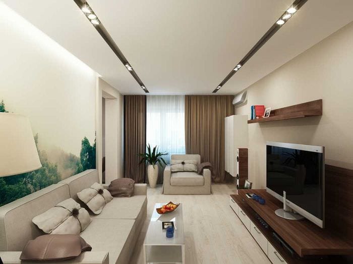 lehetőség a szokatlan nappali dekorációhoz a minimalizmus stílusában