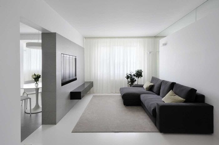 lehetőség a nappali könnyű kialakítására a minimalizmus stílusában