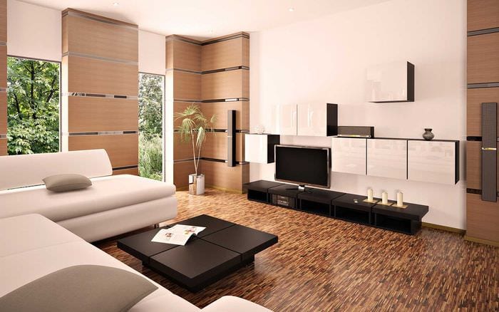 lehetőség a nappali világos dekorációjára a minimalizmus stílusában