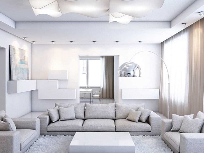 a nappali szokatlan dekorációjának változata a minimalizmus stílusában