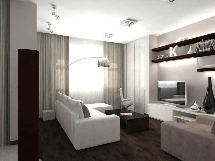 esimerkki olohuoneen kevyestä suunnittelusta minimalismin tyyliin